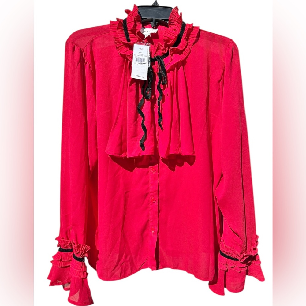 NWT WoWo Red Ruffle Black Tie Whimsycore Academia Blouse Size 1X $99